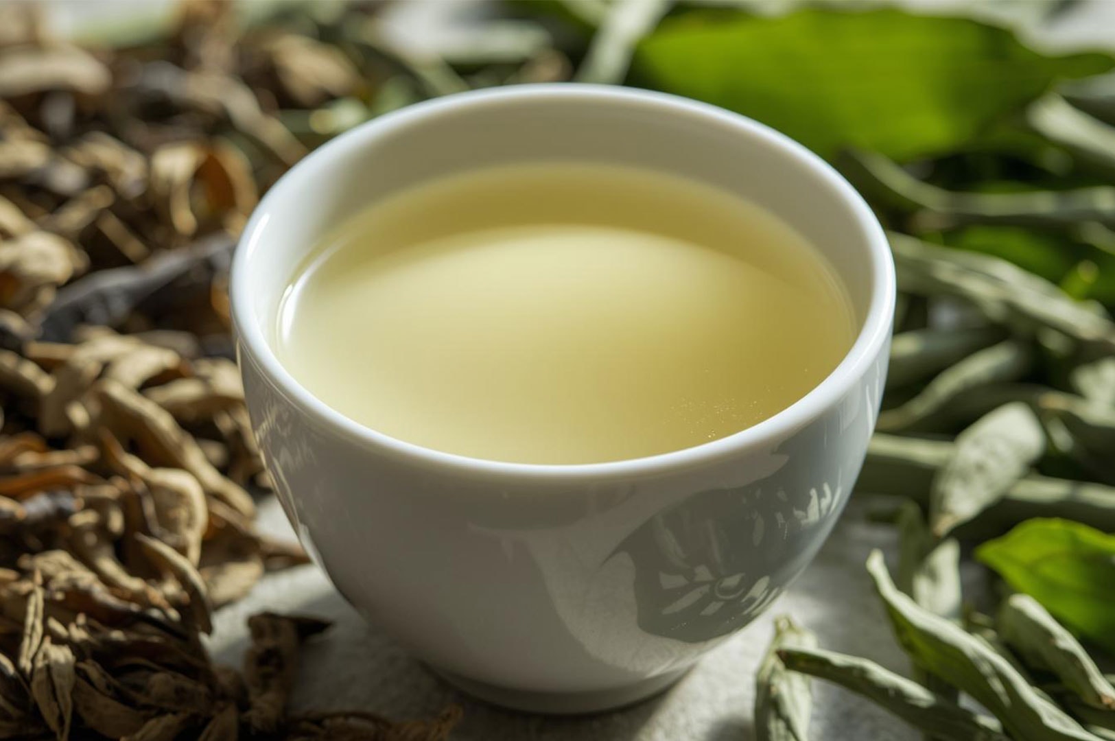 A white ceramic cup filled with pale herbal tea, surrounded by a rustic arrangement of dried tea leaves and fresh green foliage.