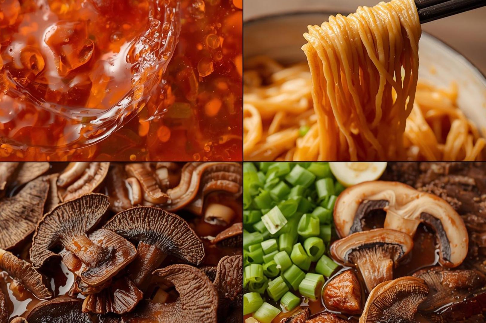A four-panel collage showing the ramen cooking process: bubbling red broth, noodles being lifted, sliced mushrooms, and green onions simmering in soup.