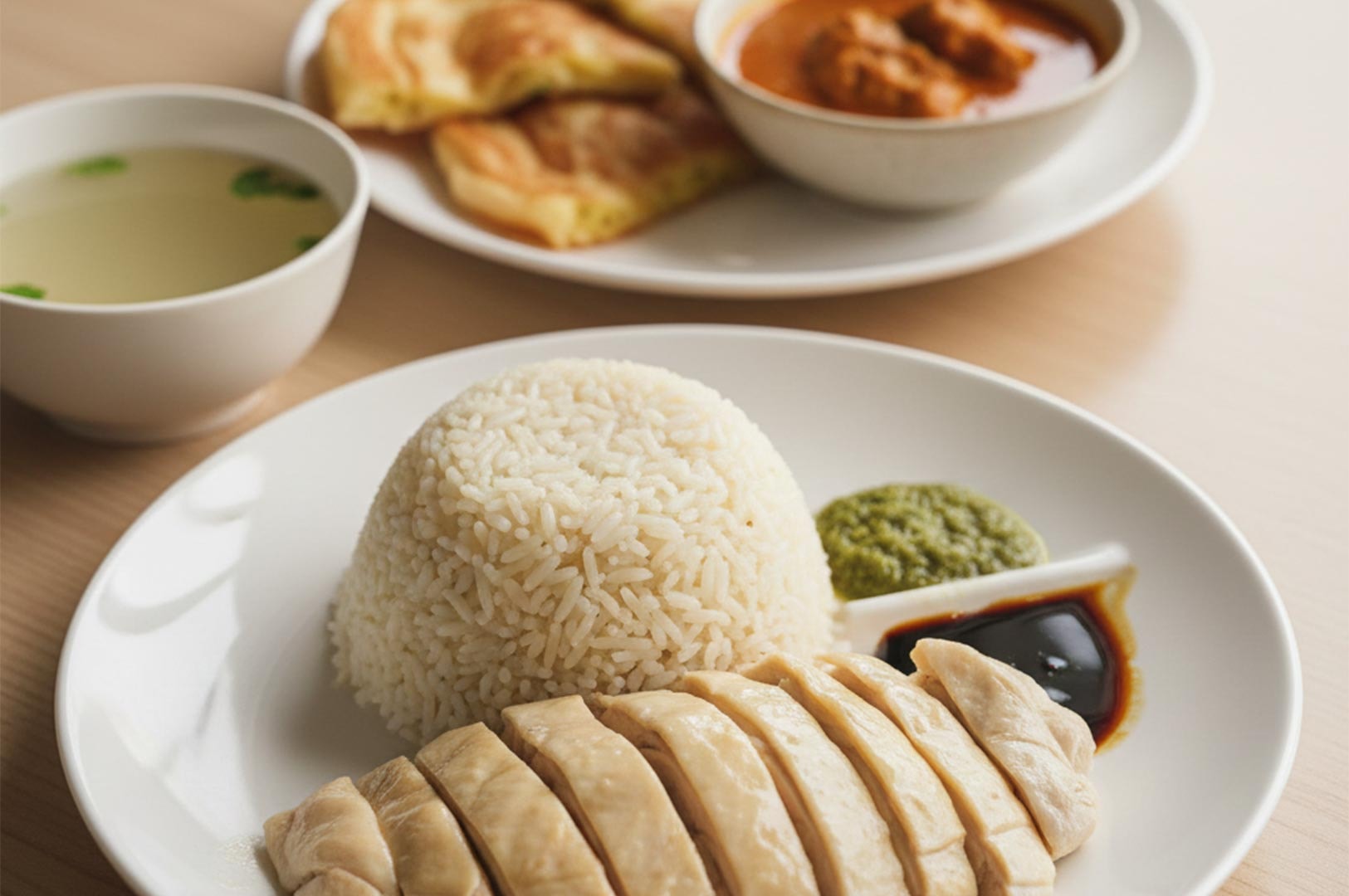 A plate of traditional Hainanese chicken rice served with ginger sauce, dark soy sauce, and a side of soup and roti.