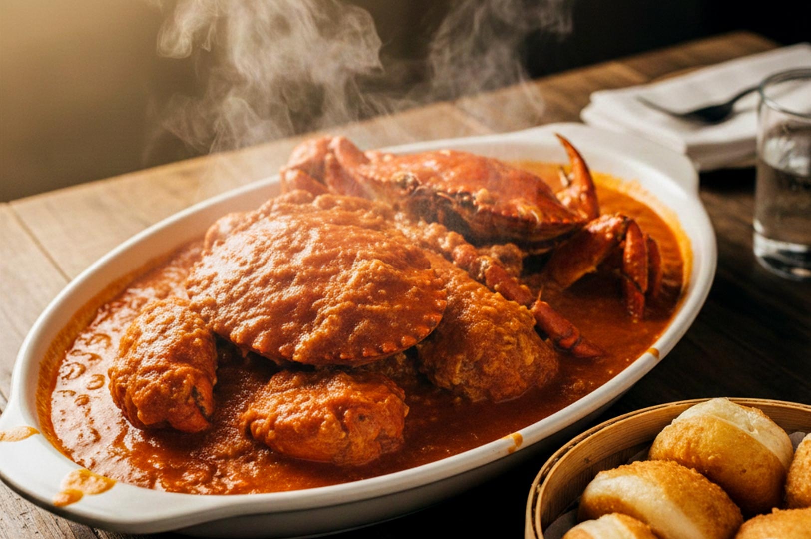 A large platter of succulent chili crab in a thick savory tomato-based sauce, served with a side of golden fried mantou buns.