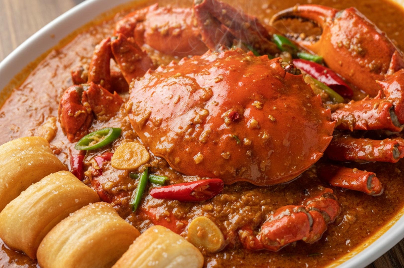 Spicy Singaporean chili crab served in a rich savory sauce with fried mantou buns on the side.