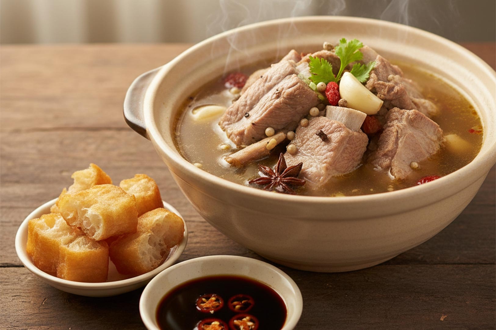 A steaming clay pot of Bak Kut Teh pork rib soup garnished with garlic and star anise, served with fried dough fritters (youtiao).