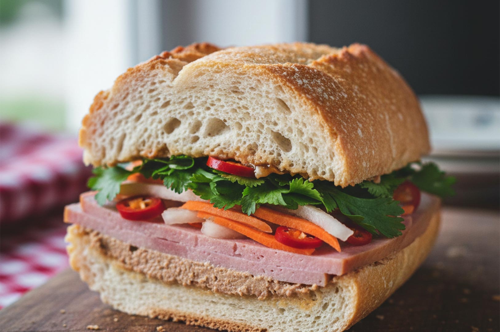 A close-up shot of a traditional Vietnamese Banh Mi sandwich featuring pate, ham, pickled carrots, cilantro, and chili on a crusty baguette.