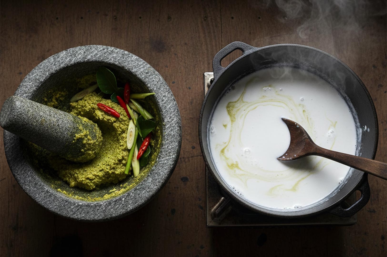 Top-down view of handmade green curry paste in a granite mortar and pestle next to a pot of simmering coconut milk.
