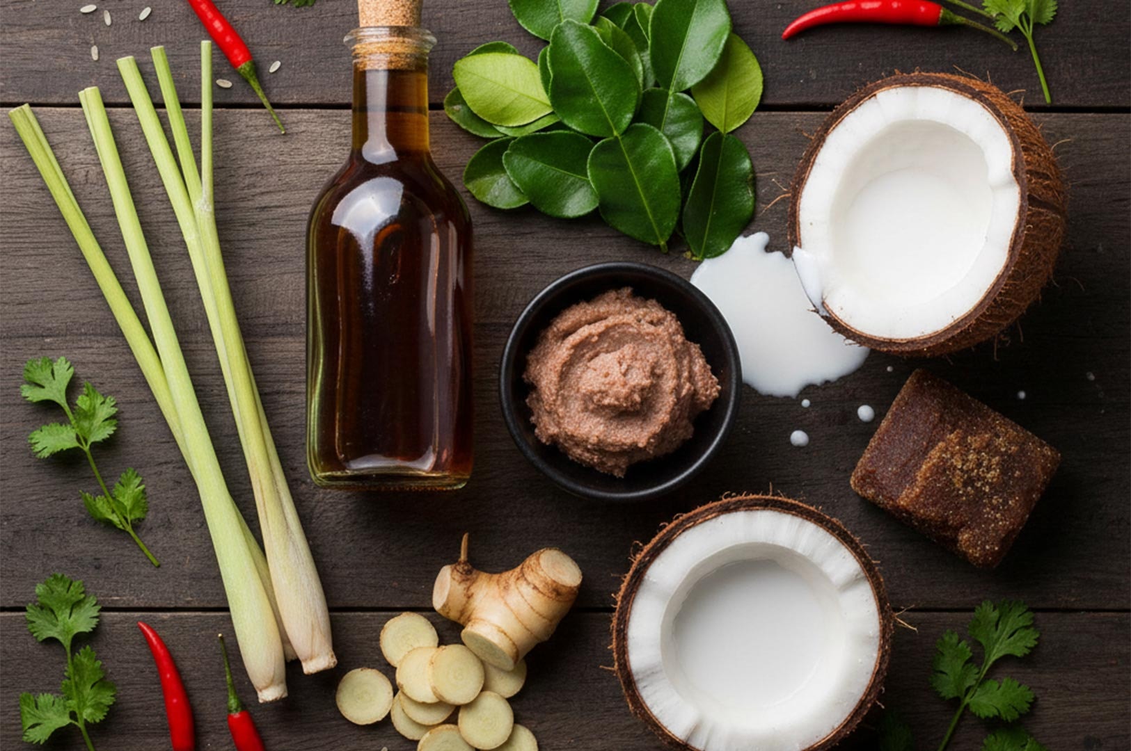 A top-down arrangement of Thai cooking ingredients including lemongrass, galangal, kaffir lime leaves, coconut, and fish sauce.