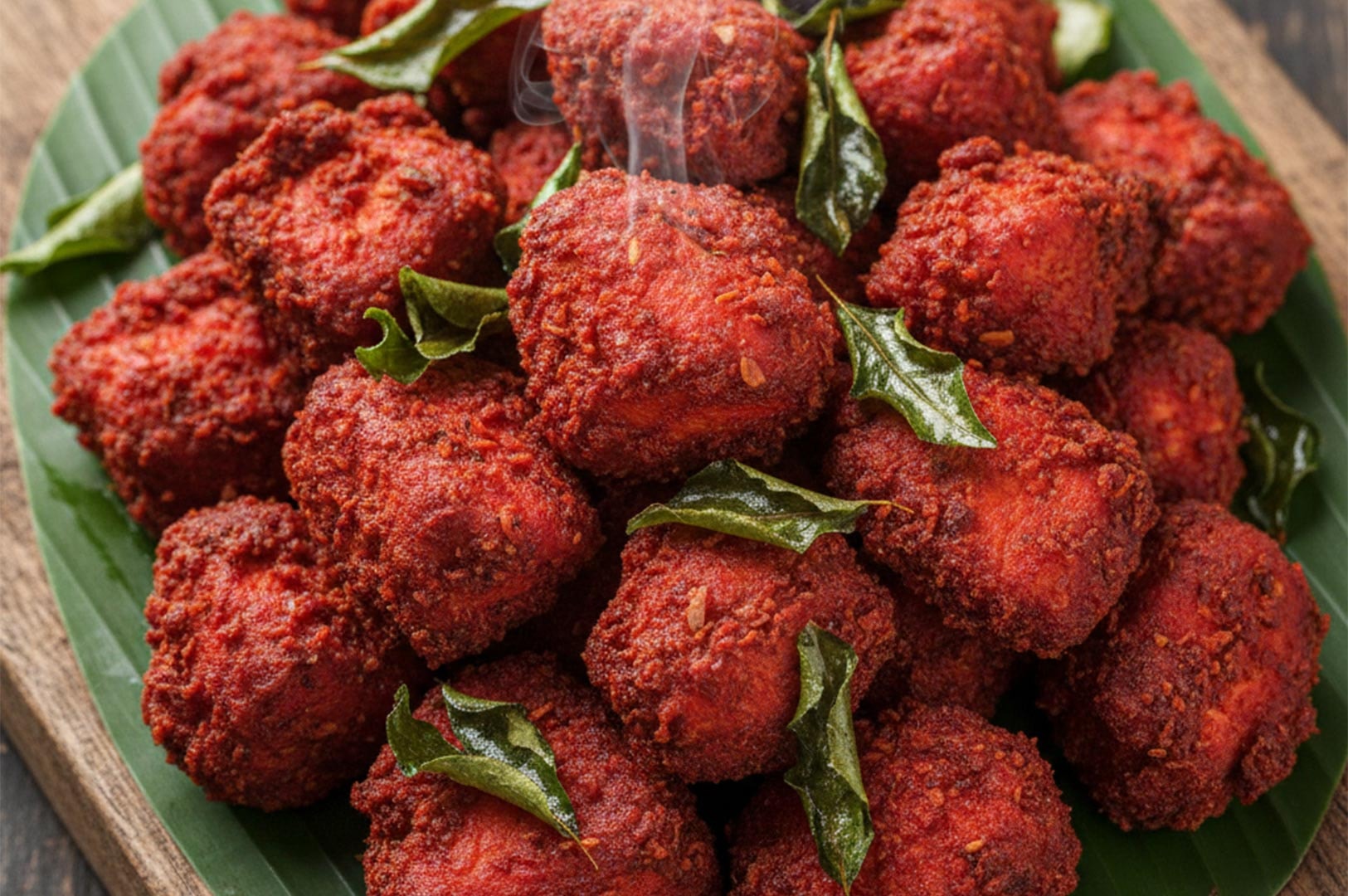 A close-up shot of spicy, deep-fried Chicken 65 pieces garnished with crispy green curry leaves, served traditionally on a fresh green banana leaf.
