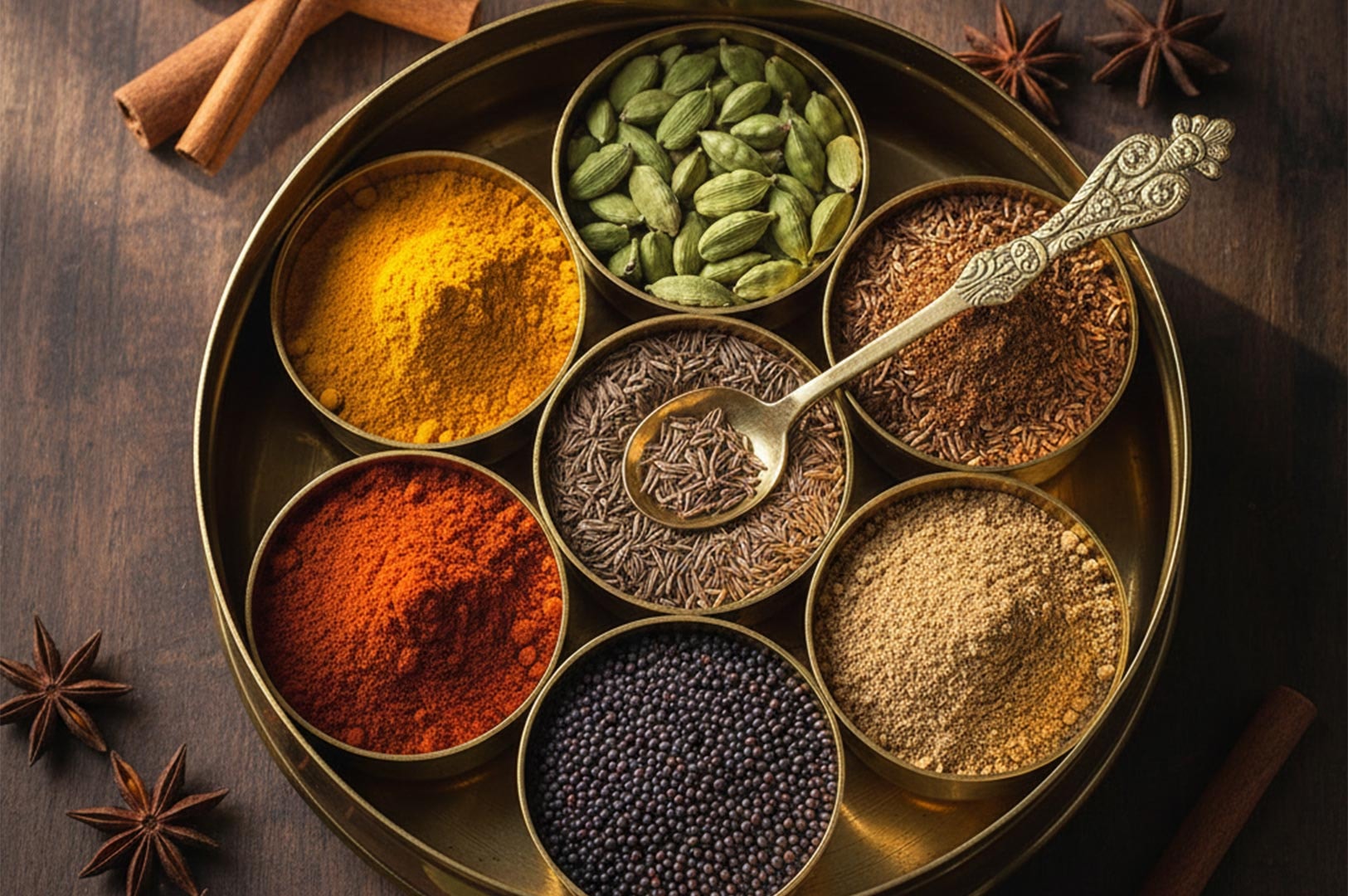 A traditional brass masala dabba (Indian spice box) containing turmeric, chili powder, cardamom pods, cumin seeds, and mustard seeds, surrounded by cinnamon sticks and star anise.