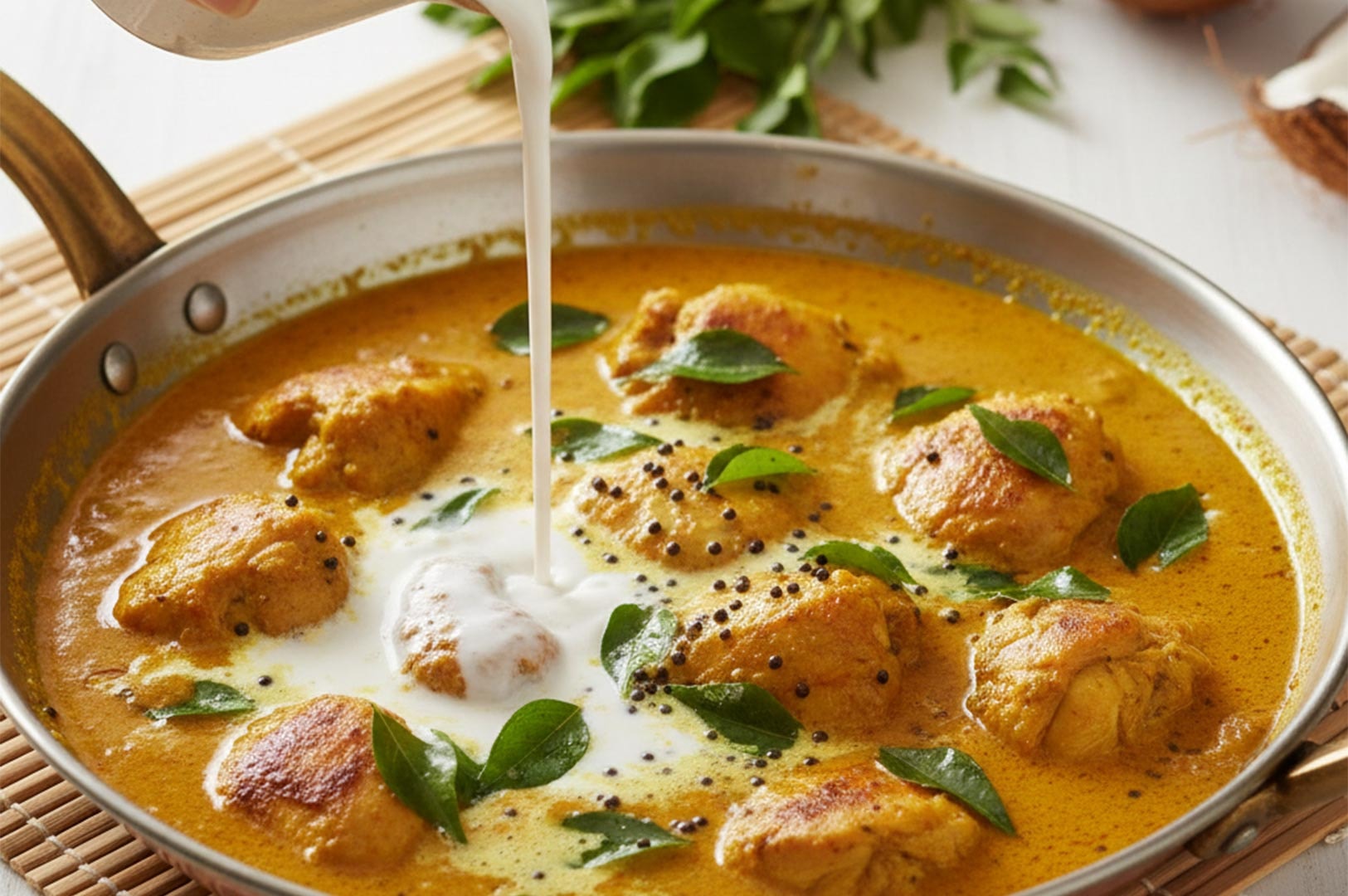 Fresh coconut milk being poured into a simmering yellow chicken curry with curry leaves and mustard seeds in a stainless steel pan.