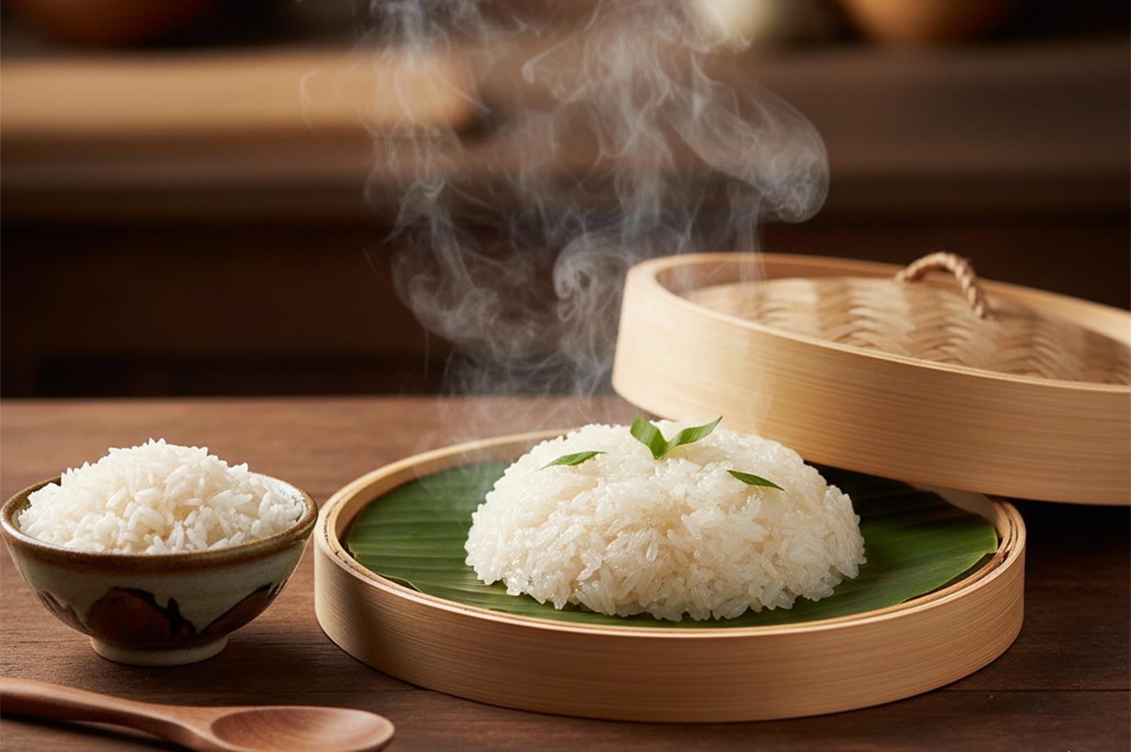 A steaming mound of fluffy white jasmine rice served on a green banana leaf inside a traditional bamboo steamer.