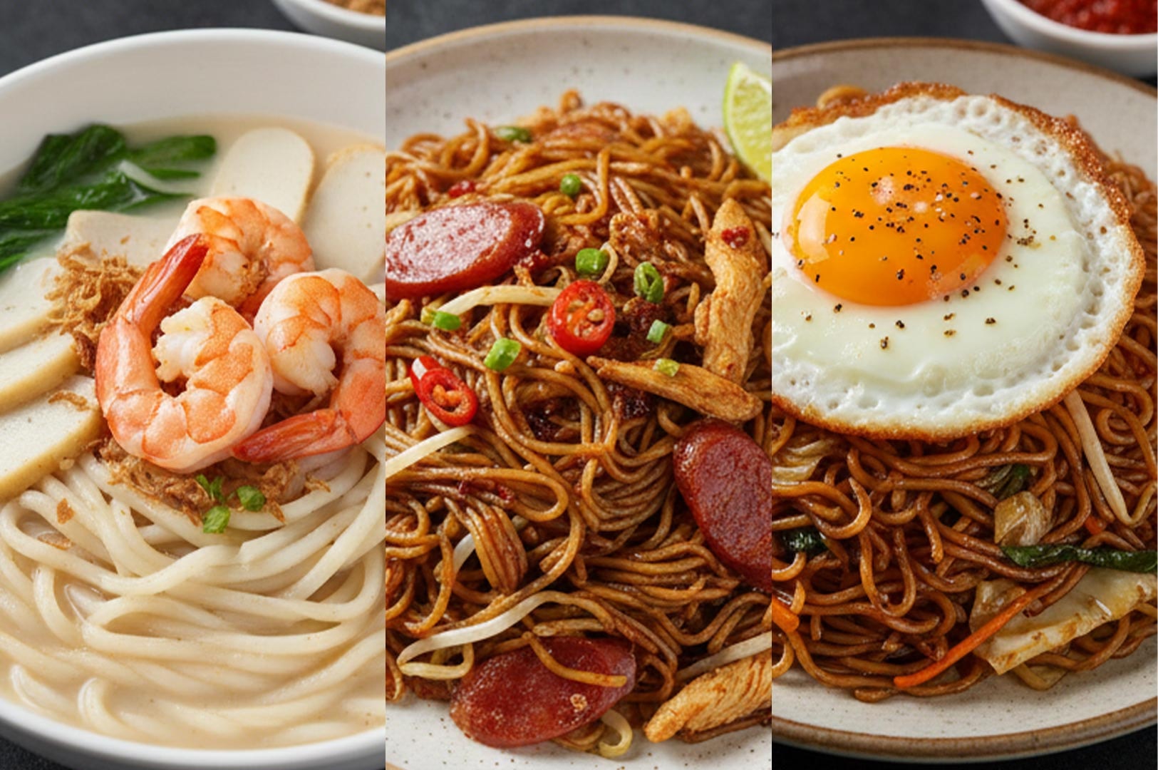 A three-part collage showing shrimp noodle soup, spicy stir-fried noodles with Chinese sausage, and fried noodles topped with a sunny-side-up egg.