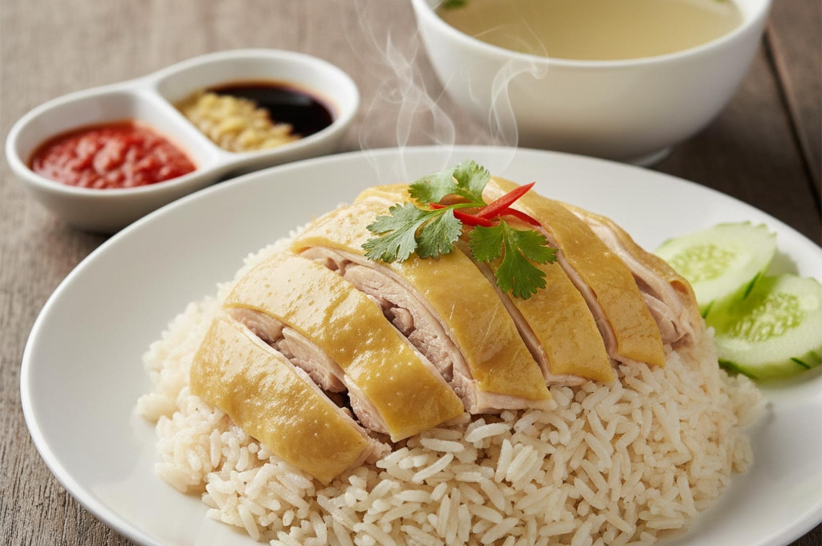 A plate of authentic Singaporean Hainanese chicken rice served with poached chicken, ginger, and chili dipping sauces.