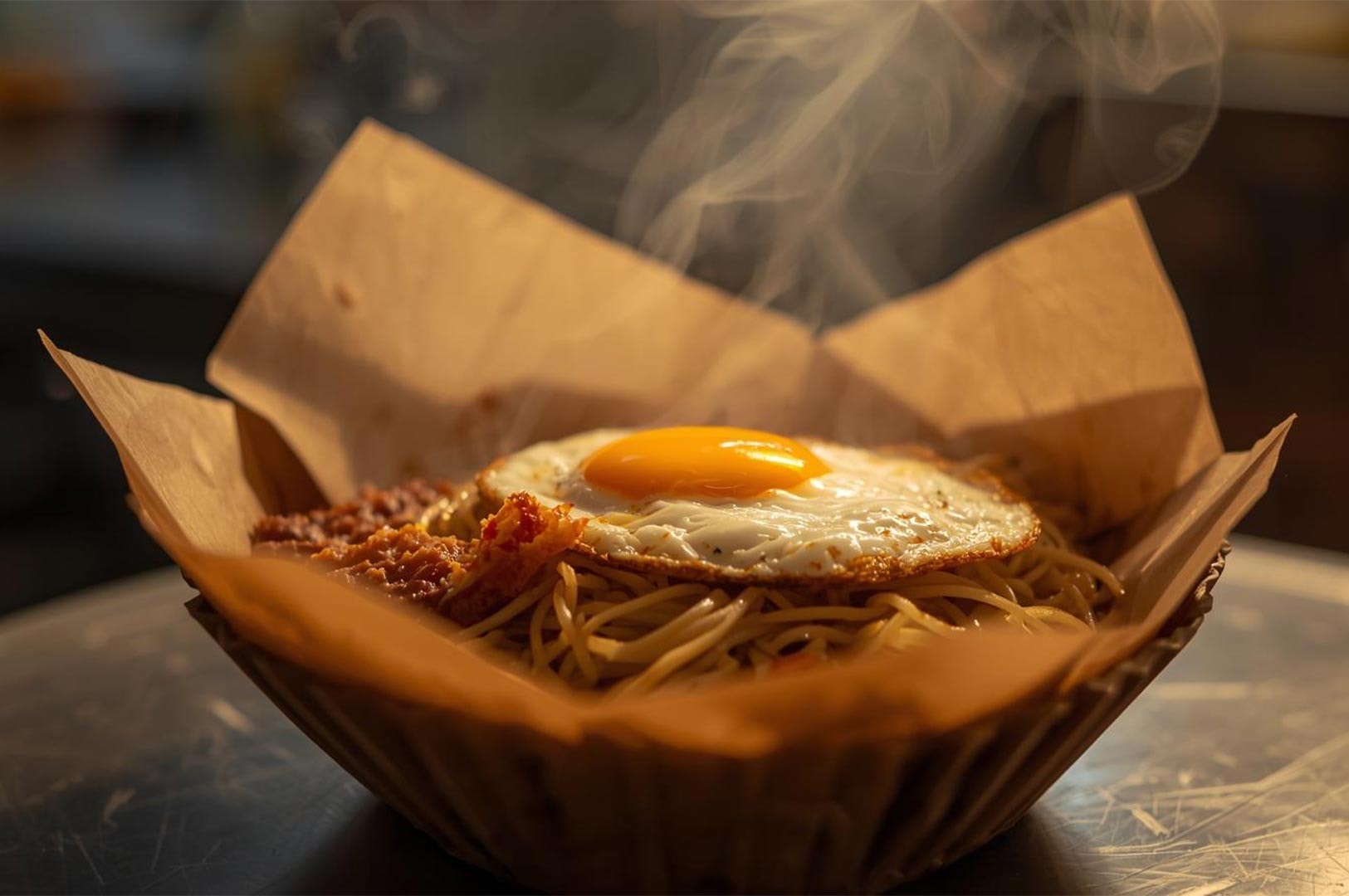 Steaming hot fried noodles topped with a fried egg, served in a traditional brown paper takeout liner, captured in warm lighting.