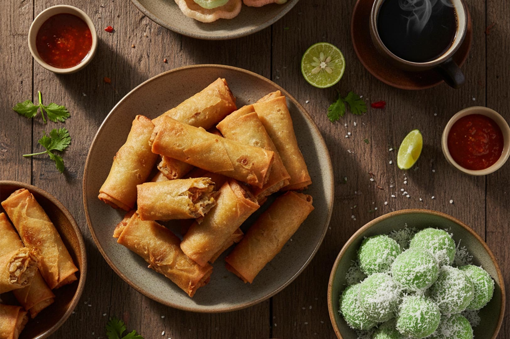 A top-down rustic wooden table spread featuring golden-brown fried lumpia (spring rolls) with dipping sauce and green klepon rice balls coated in shredded coconut.