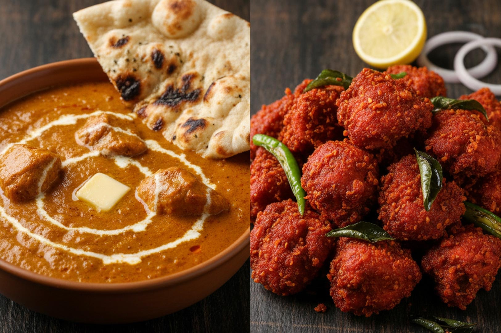 A split-screen style photo showing a creamy bowl of Butter Chicken with naan bread on the left, and a pile of spicy fried Chicken 65 with lemon and onion rings on the right.
