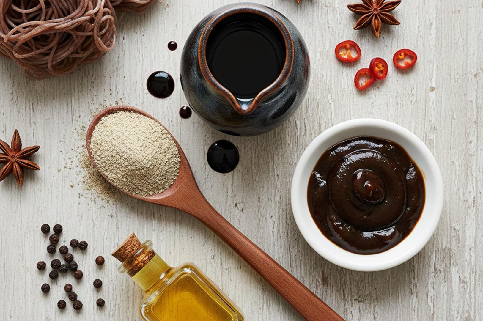 Top-down view of cooking ingredients including soy sauce, chili slices, star anise, peppercorns, oil, and a spoonful of seasoning powder.