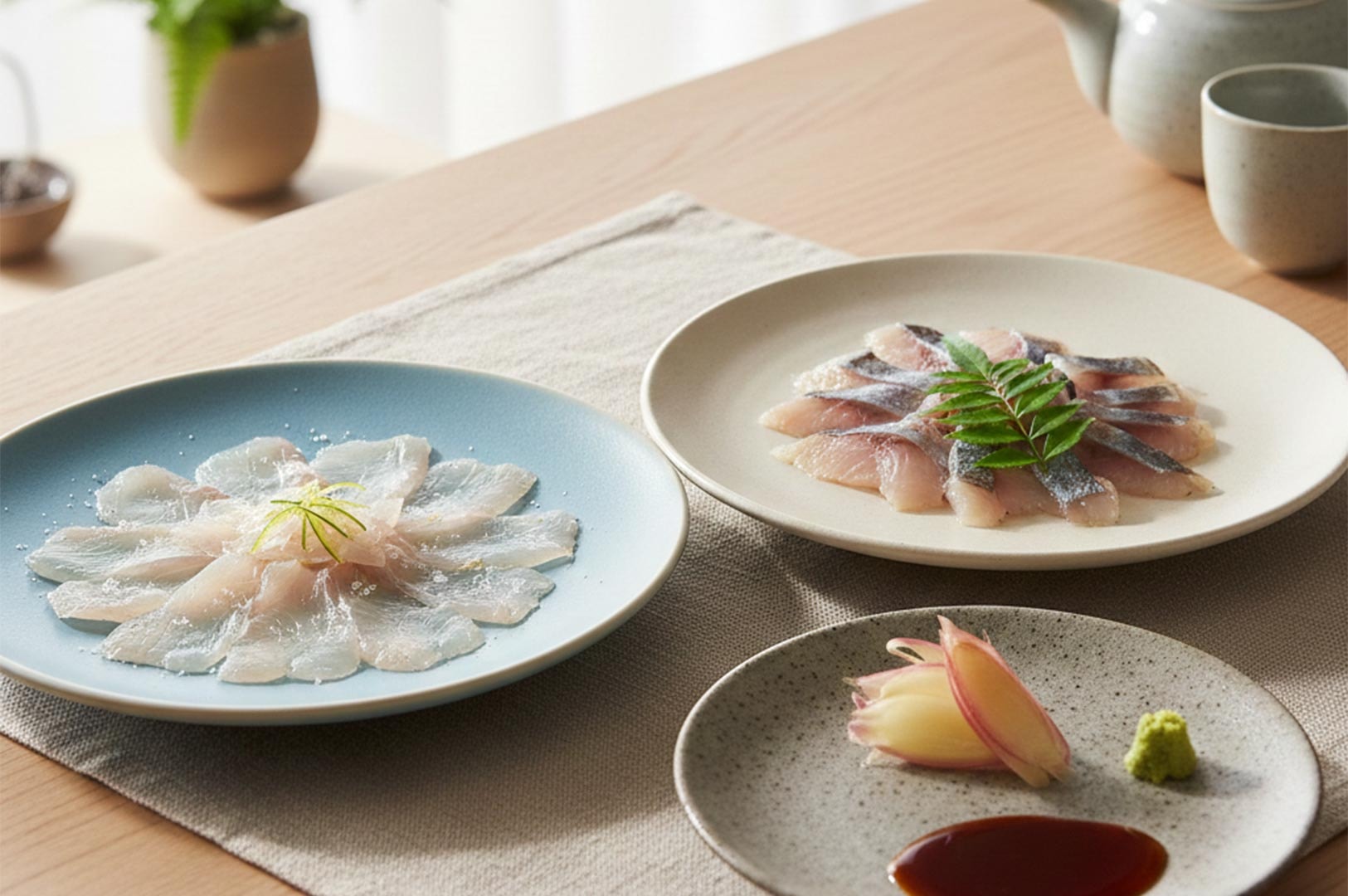Two plates of thinly sliced white fish sashimi served with fresh wasabi, pickled ginger, and soy sauce on a minimalist table.