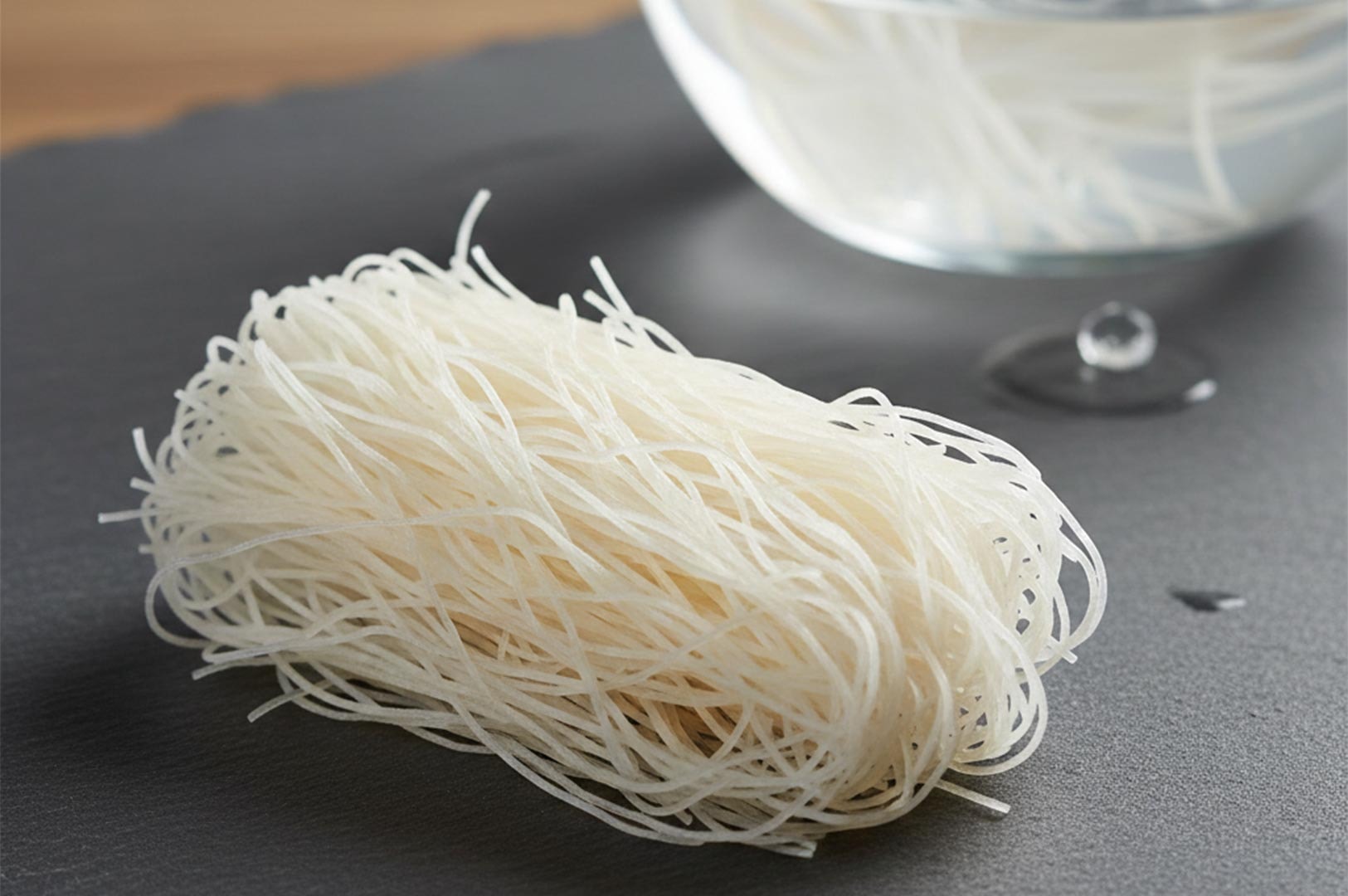 A bundle of dry, thin white rice vermicelli noodles resting on a dark slate surface with a bowl of soaking noodles in the background.