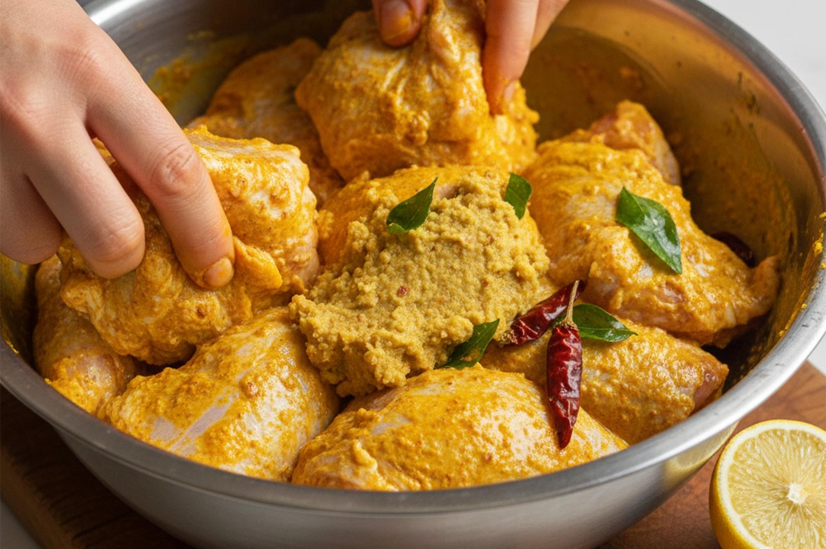 Raw chicken thighs being hand-marinated with a thick yellow spice paste, curry leaves, and dried red chilies in a metal bowl.