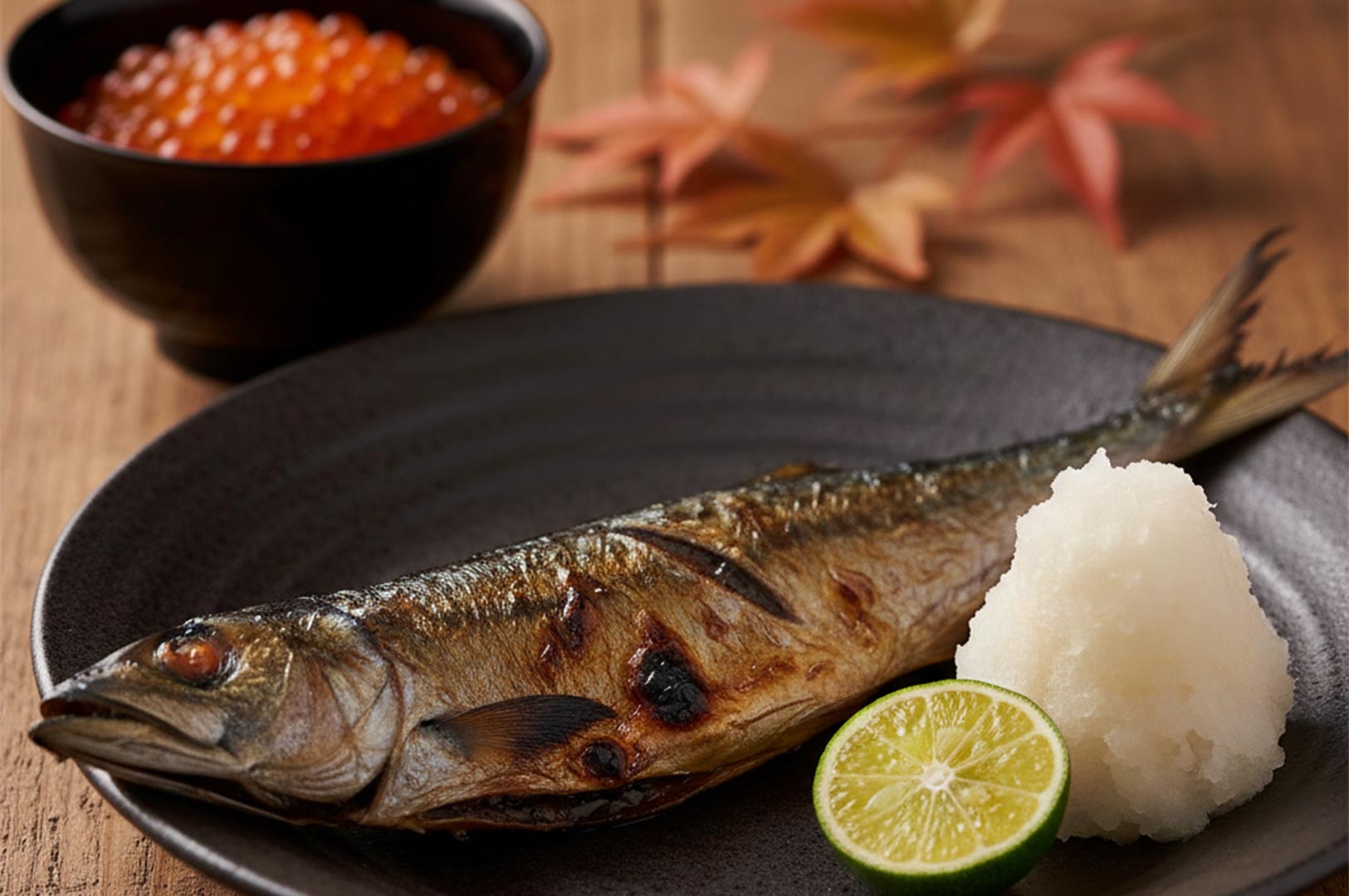 Whole grilled Japanese mackerel (Sanma) served with grated daikon radish, lime, and a side bowl of red salmon roe (ikura).