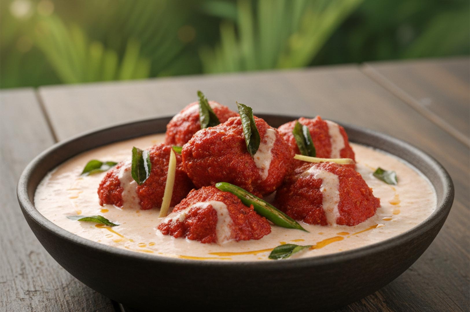 Fried red chicken dumplings served in a smooth, creamy white yogurt-based gravy, garnished with ginger julienne, green chilies, and curry leaves.