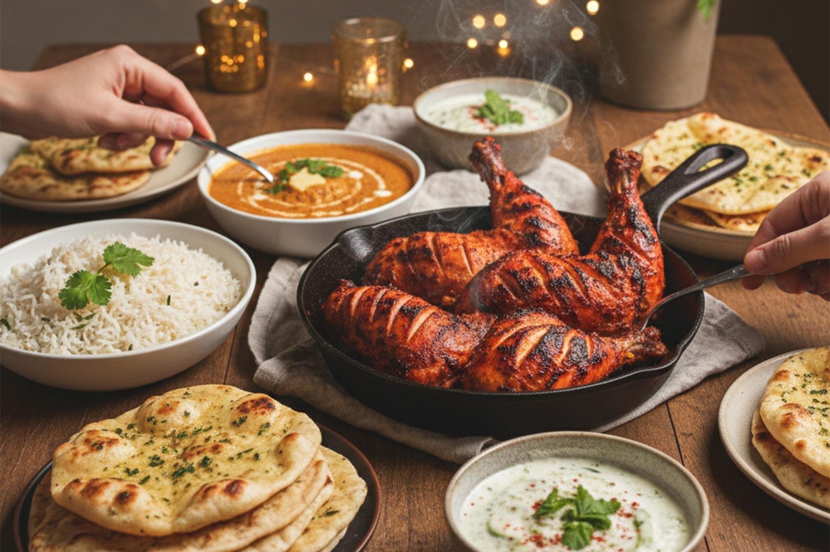 A full Indian dinner spread featuring Tandoori chicken in a cast-iron skillet, garlic naan, basmati rice, dal, and raita dipping sauce.