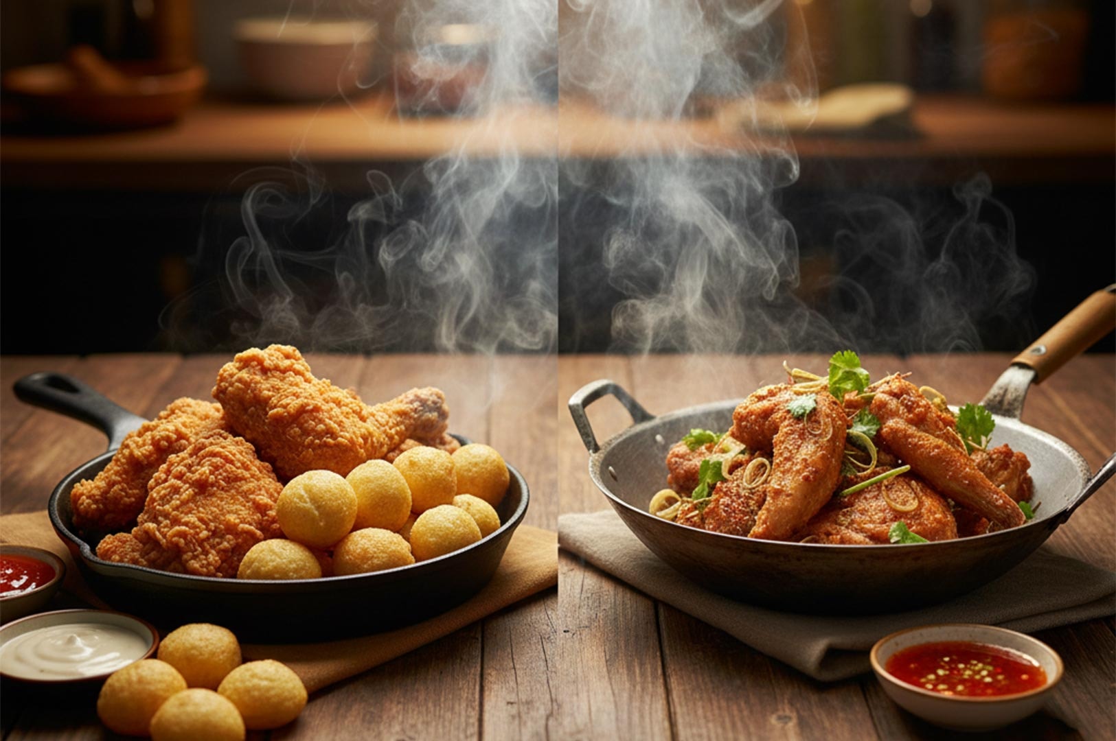 Two pans of golden-brown crispy fried chicken: one with fried dough balls and another garnished with aromatic sliced lemongrass and herbs.