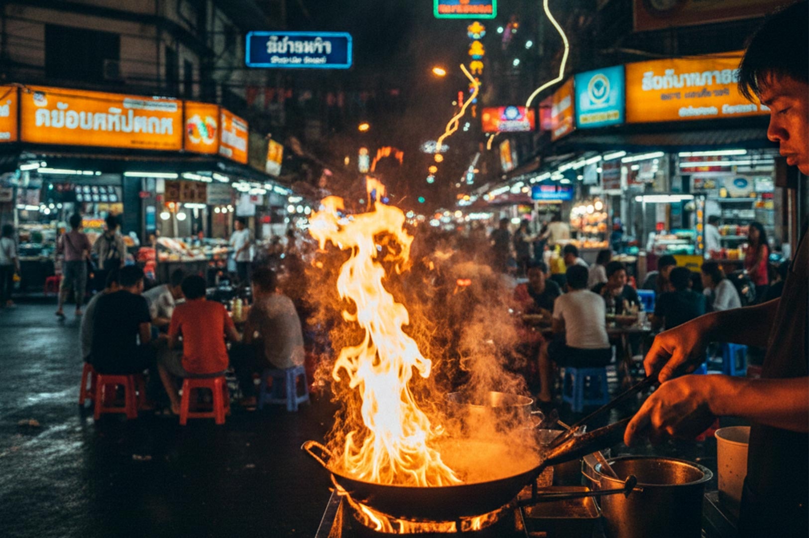 A vibrant night scene at a Thai street food market featuring a chef cooking with a large flame burst in a wok.