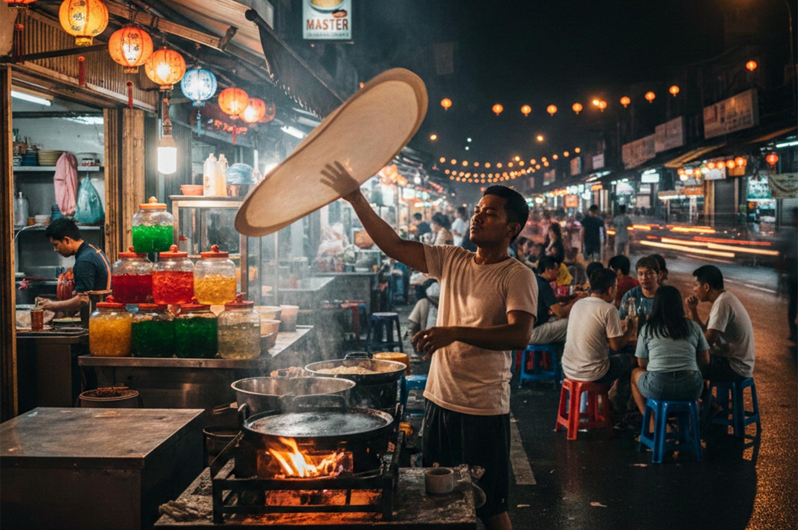 A street food vendor tossing dough into the air at a vibrant night market lit by orange lanterns, with customers eating at blue and red stools in the background.