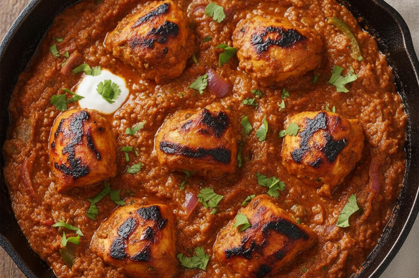 Charred pieces of grilled chicken resting in a thick, vibrant tomato-based masala gravy garnished with fresh cilantro in a cast iron pan.