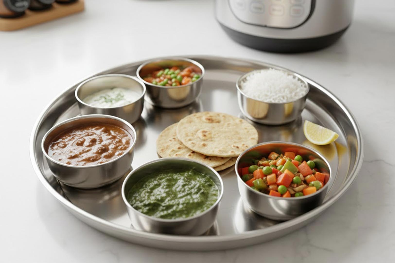A stainless steel Indian Thali platter featuring small bowls of dal, saag paneer, mixed vegetable curry, raita, basmati rice, and warm rotis in the center.