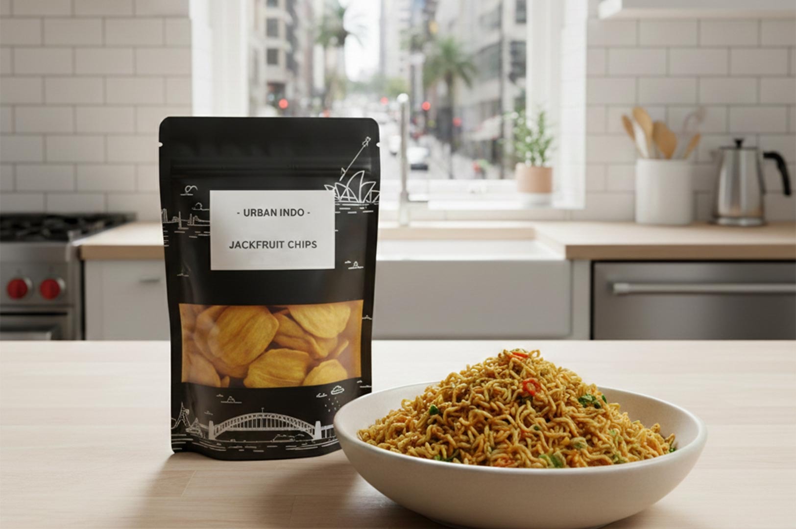 A modern kitchen setting featuring a black bag of Urban Indo Jackfruit Chips standing next to a large white bowl of seasoned Mie Goreng noodles.