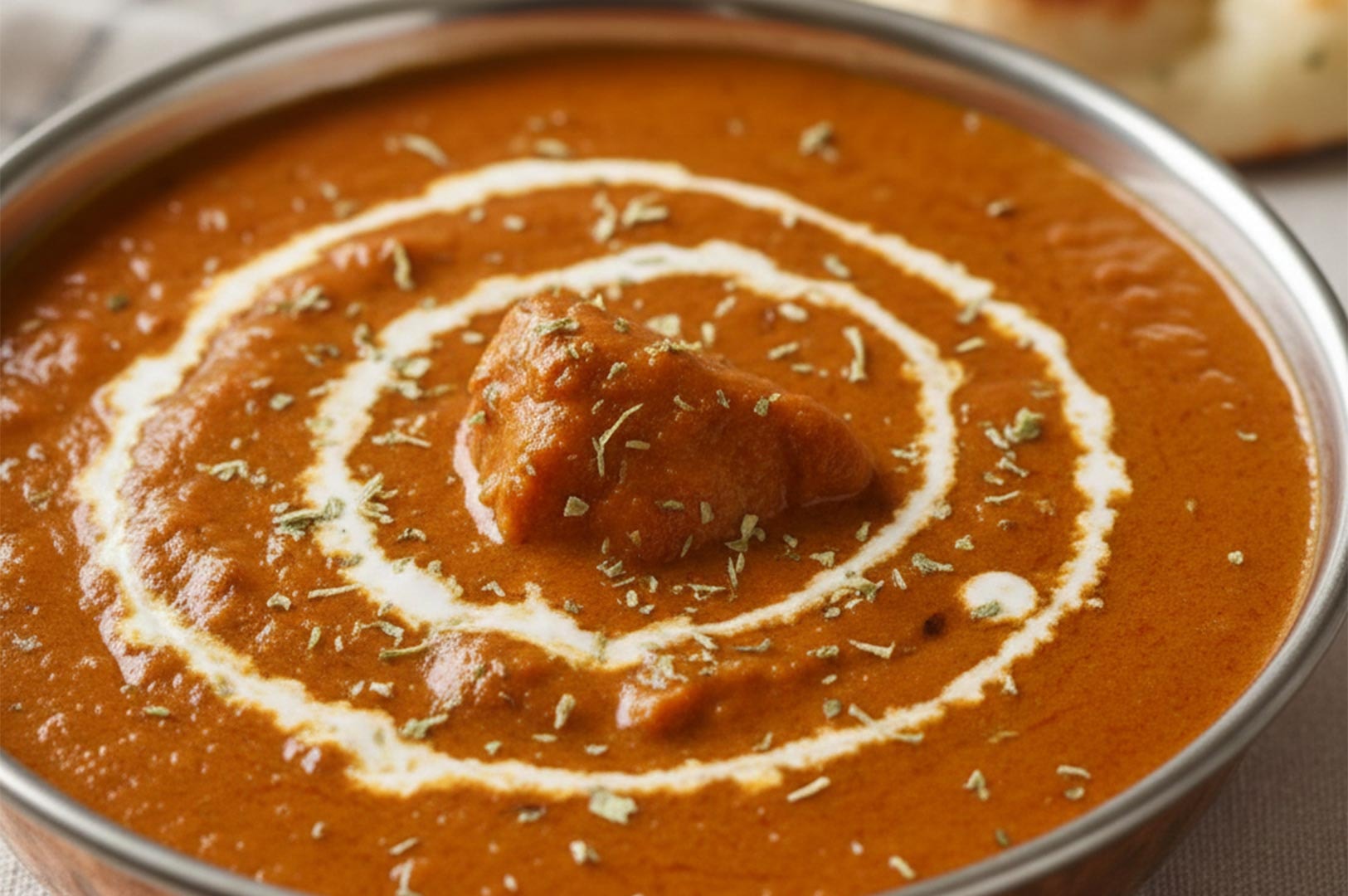 A close-up of creamy Butter Chicken (Murgh Makhani) served in a metal bowl, garnished with a swirl of fresh cream and dried fenugreek leaves.