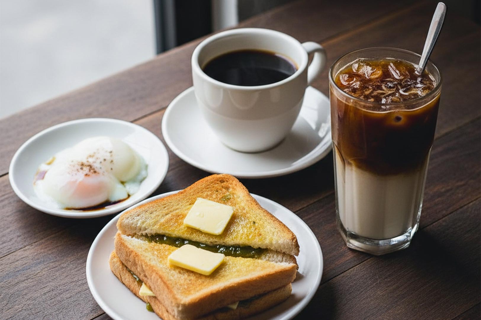 A classic Nanyang breakfast set featuring kaya toast with butter, soft-boiled eggs, and a glass of iced kopi.