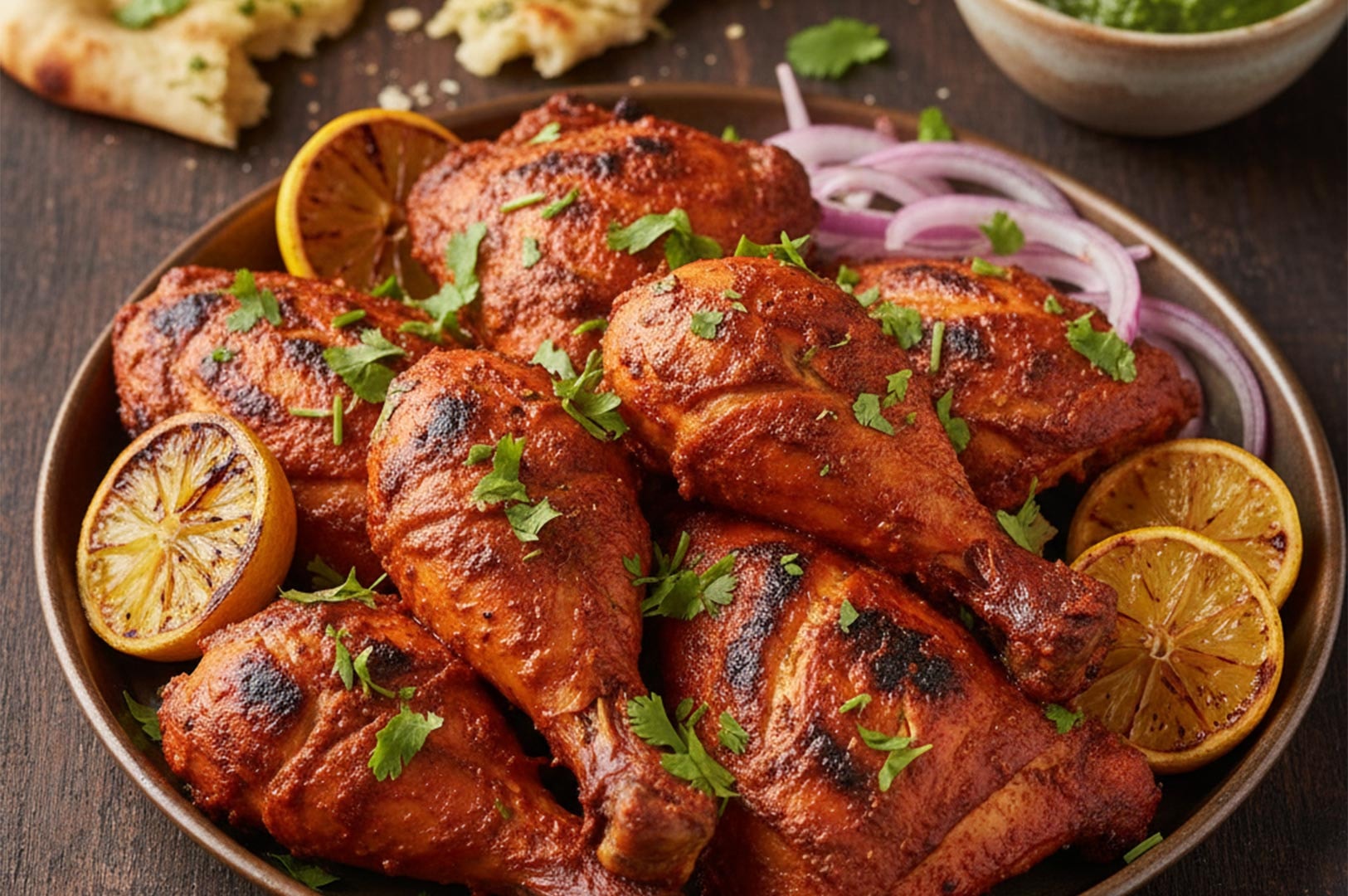 A platter of roasted Tandoori chicken drumsticks garnished with fresh cilantro, sliced red onions, and grilled lemon halves.