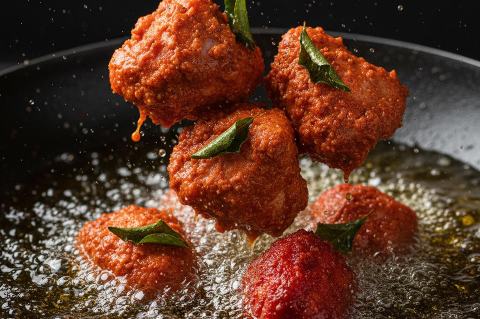 Action shot of red-battered chicken pieces and curry leaves being deep-fried in bubbling hot oil in a wok, with oil droplets splashing.