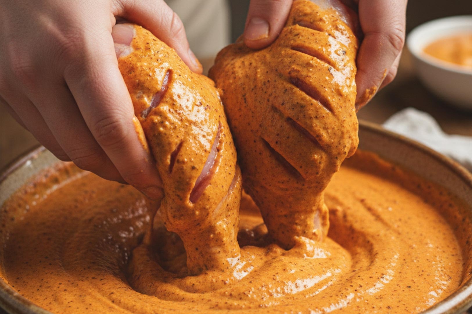 Close-up of hands coating raw chicken pieces in a thick, vibrant orange tandoori yogurt marinade with deep score marks in the meat.