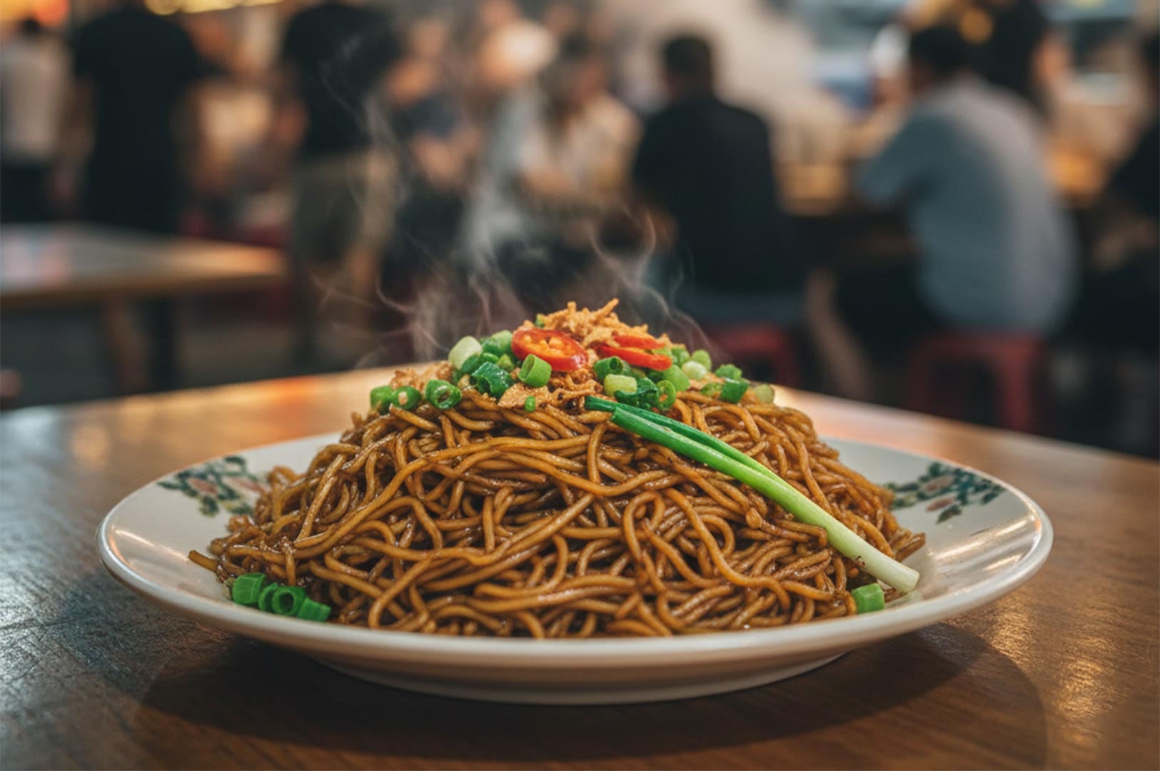 A steaming plate of dark soy sauce stir-fried noodles topped with green onions, fried shallots, and sliced red chilies on a wooden table.