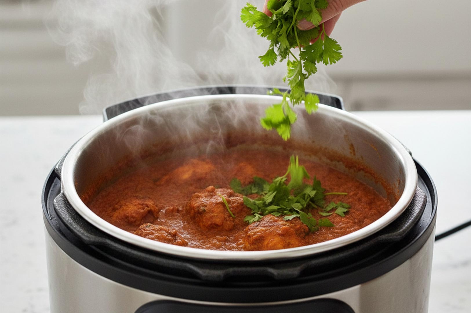 A hand garnishing a steaming pot of red chicken curry with fresh green cilantro leaves inside an electric pressure cooker.