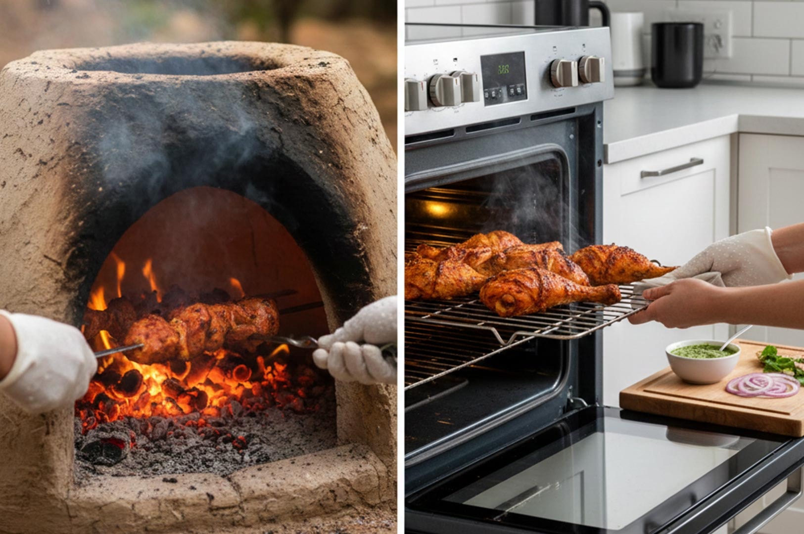 A side-by-side comparison of chicken cooking in a traditional clay tandoor oven over hot coals versus a modern home electric oven.