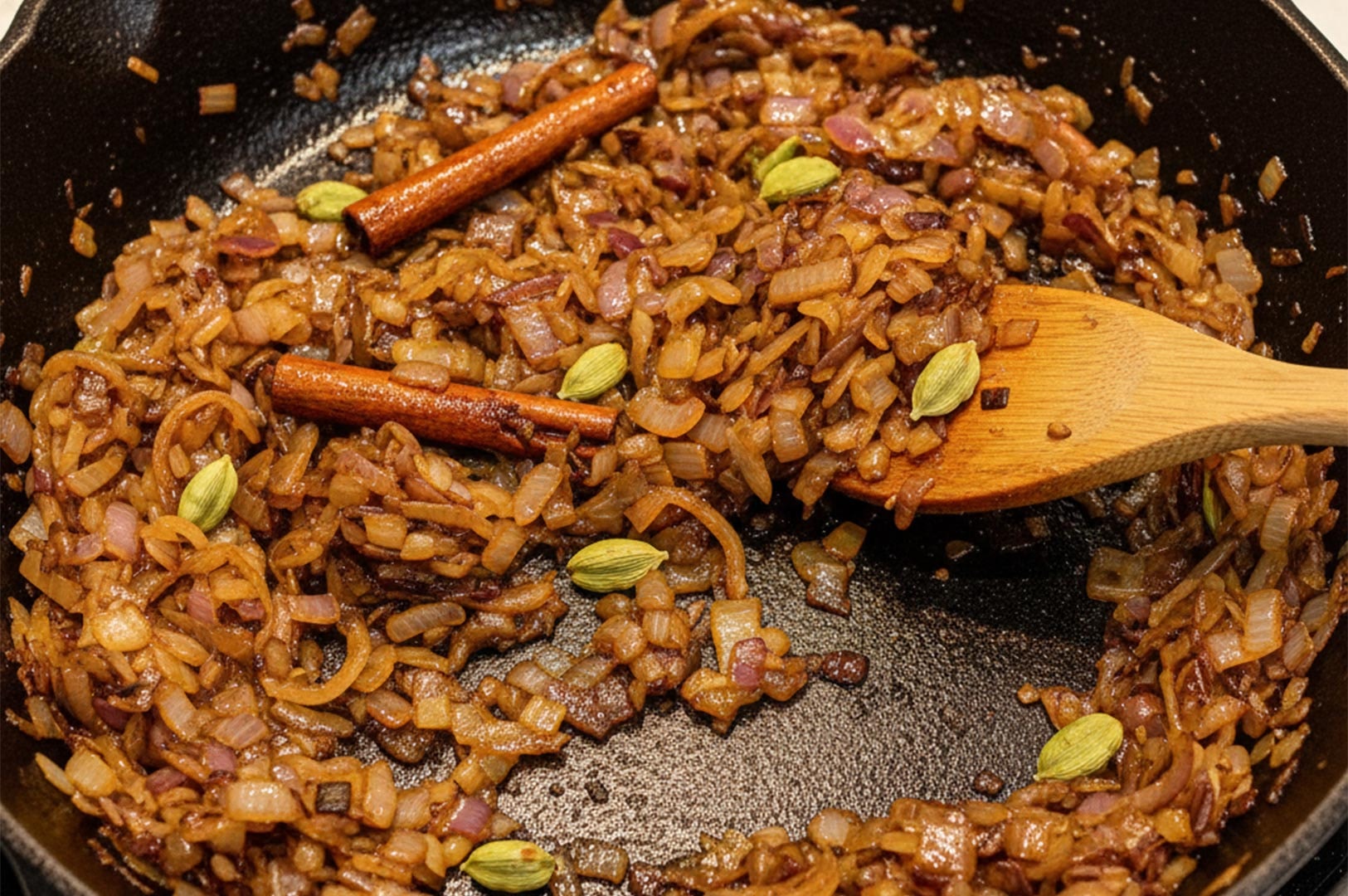 Sautéed diced onions with whole cinnamon sticks and green cardamom pods in a cast iron skillet.
