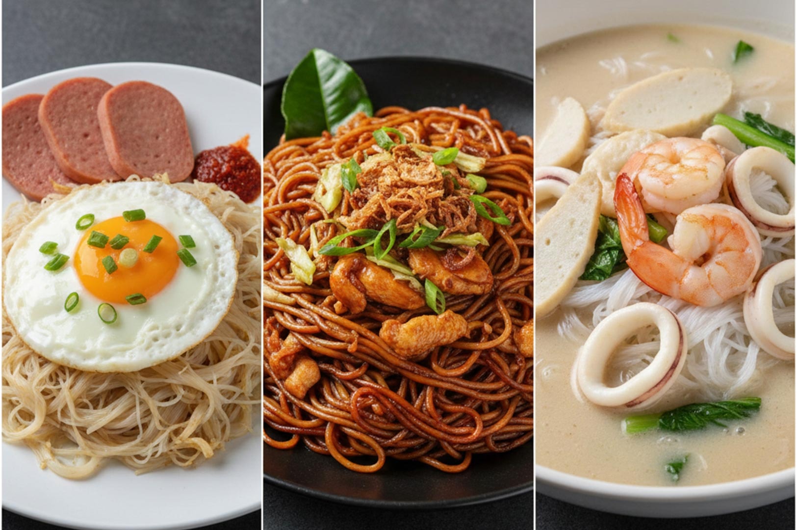 A three-part vertical split showing different noodle dishes: Economical Bee Hoon with egg, dark soy sauce Hokkien Mee, and seafood white bee hoon soup.