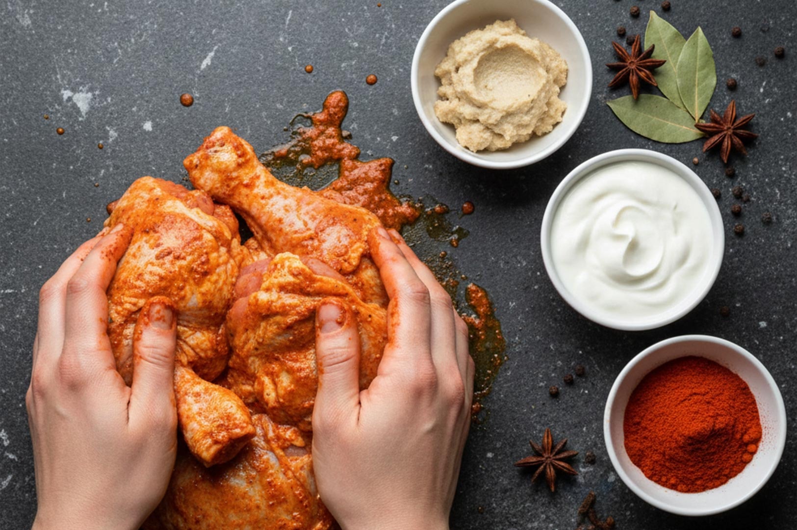 Top-down view of hands rubbing a red spice marinade into raw chicken drumsticks on a dark stone surface, surrounded by bowls of yogurt, ginger-garlic paste, and chili powder.