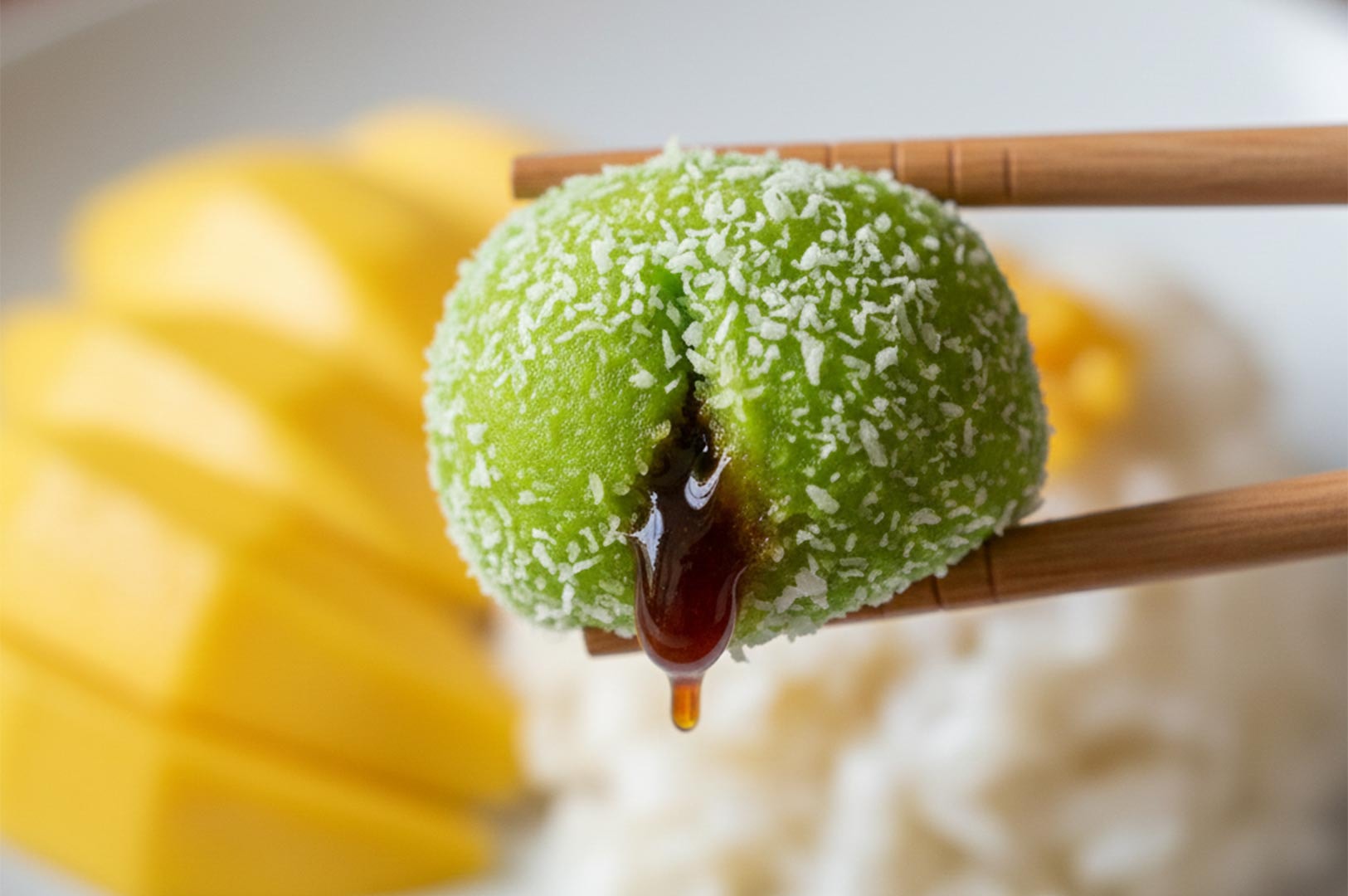 A macro shot of a green klepon rice ball held by chopsticks, showing the liquid dark palm sugar center oozing out against a blurred background of mango.