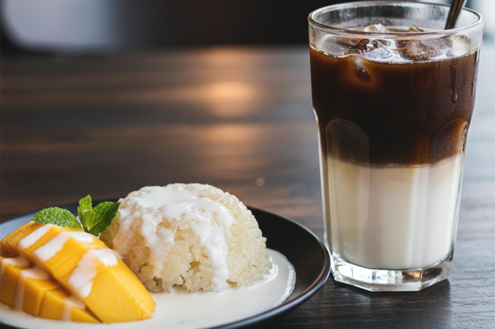 A plate of Thai mango sticky rice topped with coconut cream served alongside a tall glass of layered iced coffee.