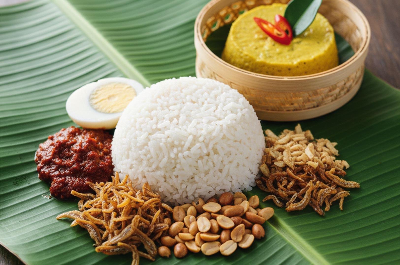 Fragrant coconut rice (Nasi Lemak) served on a banana leaf with sambal, fried anchovies, peanuts, and a boiled egg.