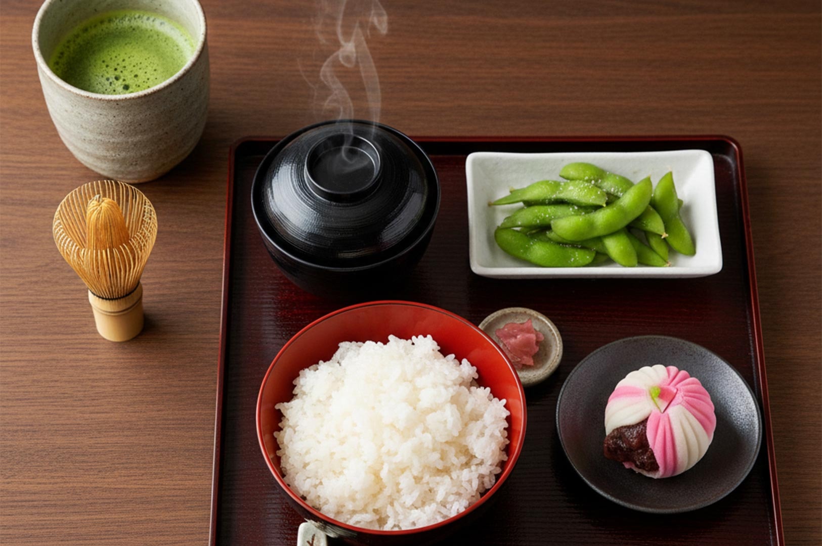A traditional Japanese meal set featuring a bowl of white rice, miso soup, edamame, matcha tea with a whisk, and a wagashi sweet.