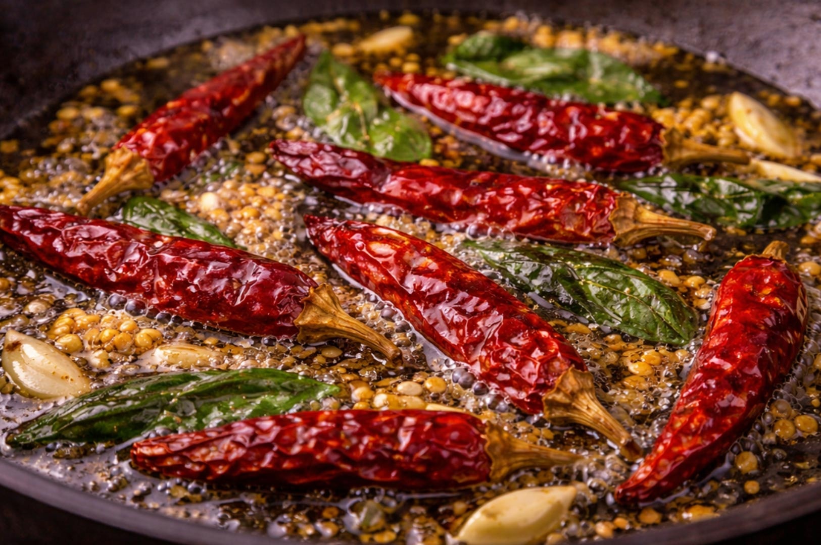 A close-up shot of Indian tempering (tadka) with dried red chilies, curry leaves, garlic, and mustard seeds sizzling in hot oil in a pan.