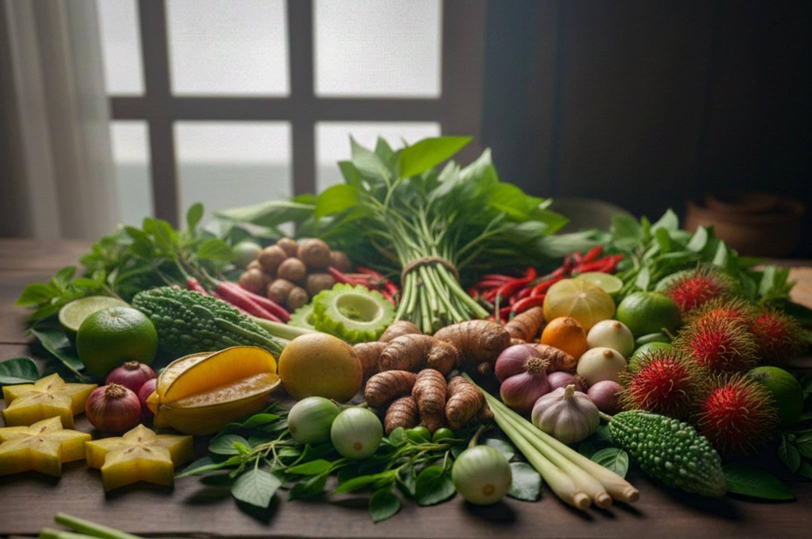 A vibrant spread of fresh Thai ingredients including lemongrass, turmeric, ginger, chili peppers, starfruit, and rambutan on a wooden table.