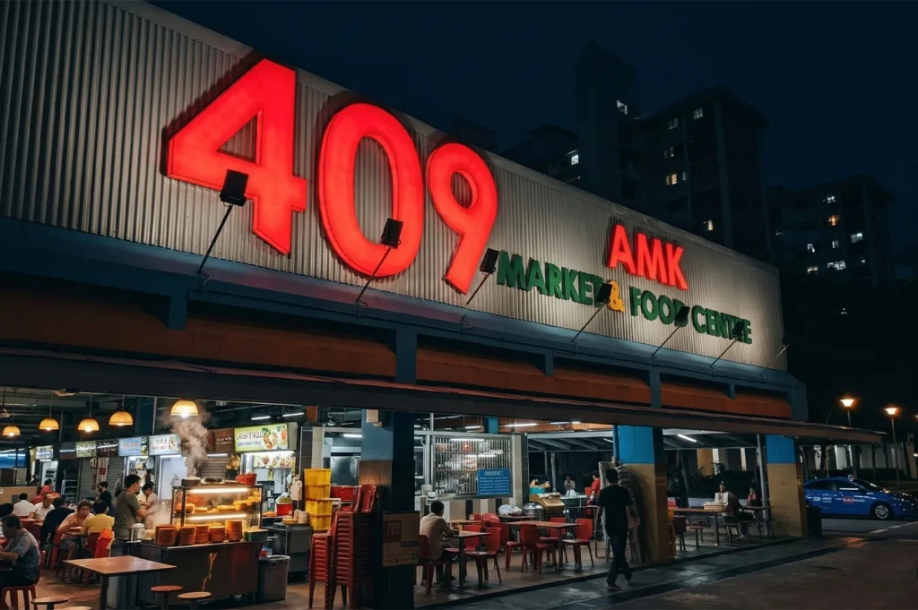 Exterior view of the 409 AMK Market and Food Centre in Ang Mo Kio, Singapore, illuminated at night with patrons dining at outdoor tables.
