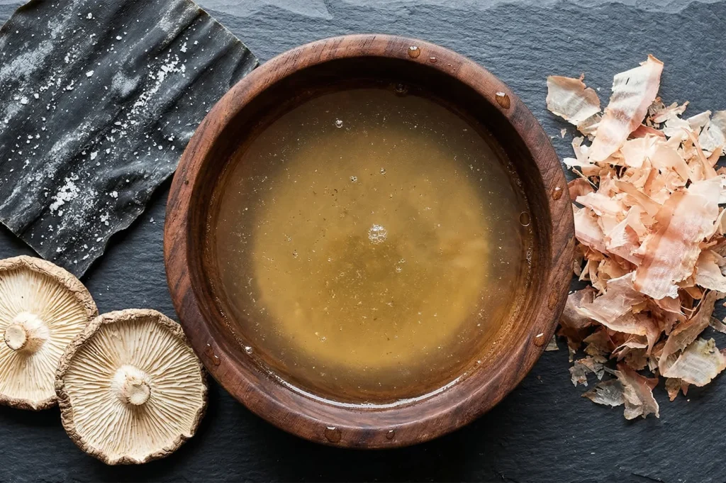 Top-down view of a wooden bowl of clear dashi stock surrounded by dried kombu, shiitake mushrooms, and bonito flakes.